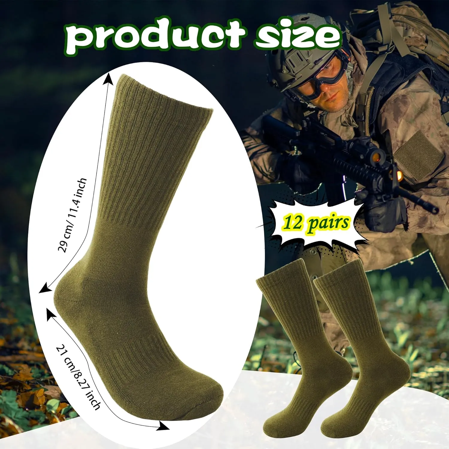 12 Pairs Army Socks Green Military Socks Warm Long Boot Sock Army Cotton Sock for Men Women Working Outdoor Sports