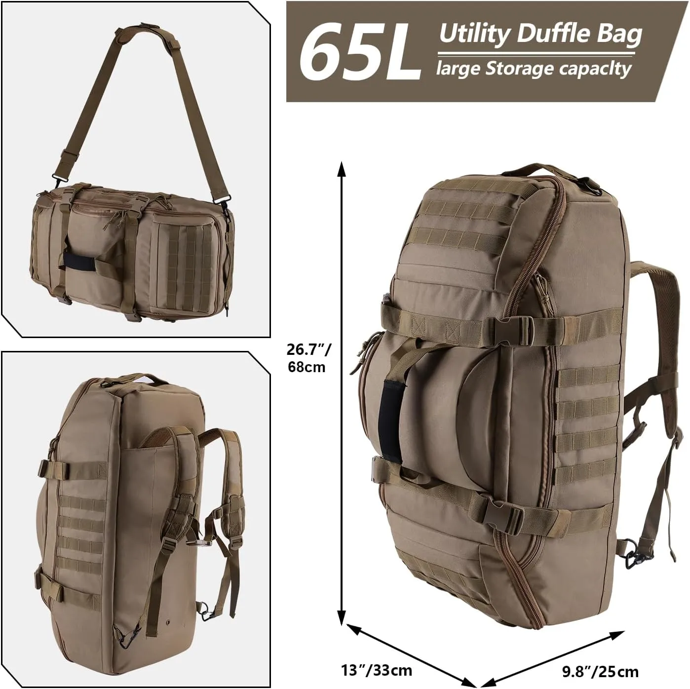 65L Large Duffle Bag, 3-in-1 Tactical Backpack MOLLE Pack for Sports, Gym, Outdoor, Coyote