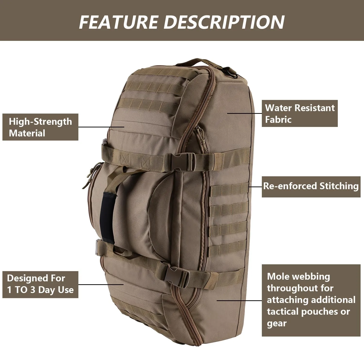 65L Large Duffle Bag, 3-in-1 Tactical Backpack MOLLE Pack for Sports, Gym, Outdoor, Coyote