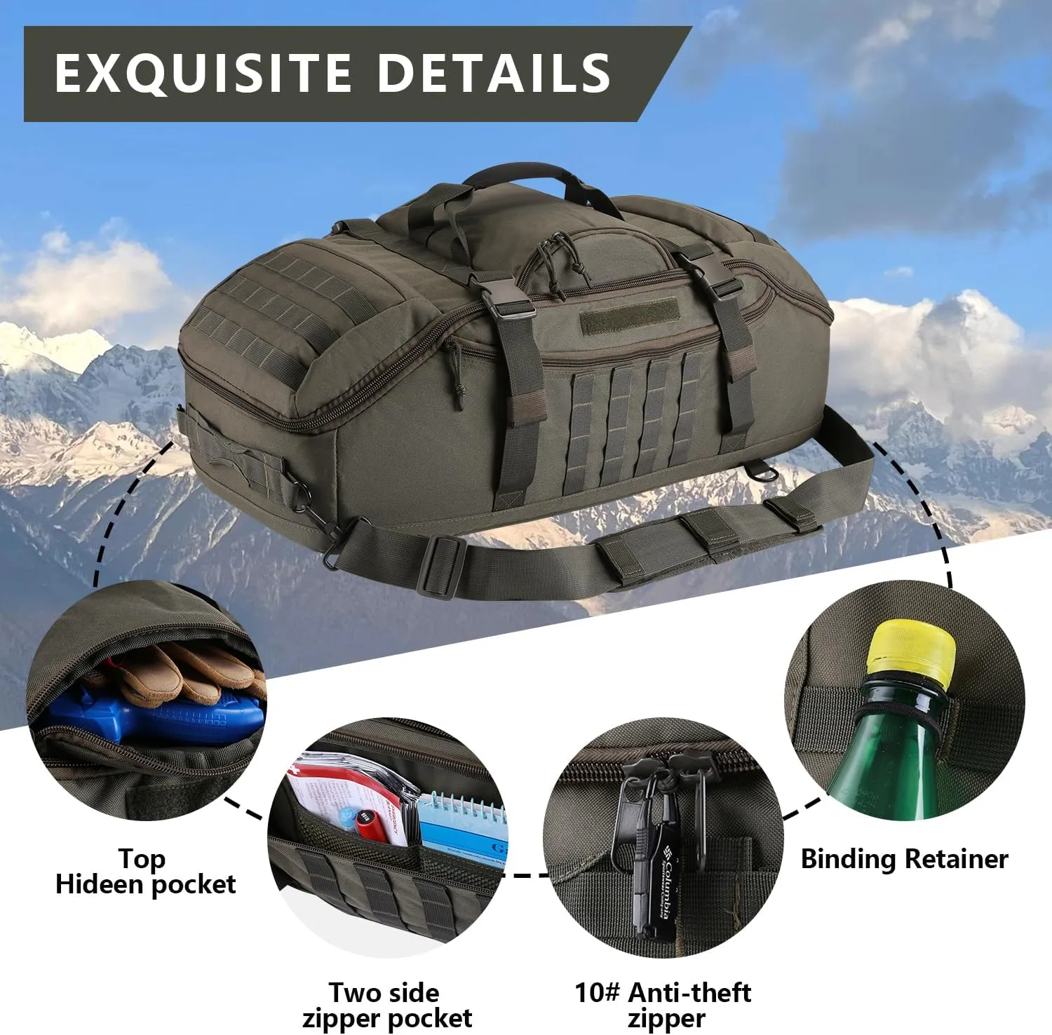 65L Large Duffle Bag, 3-in-1 Tactical Backpack MOLLE Pack for Sports, Gym, Outdoor, Olive Green