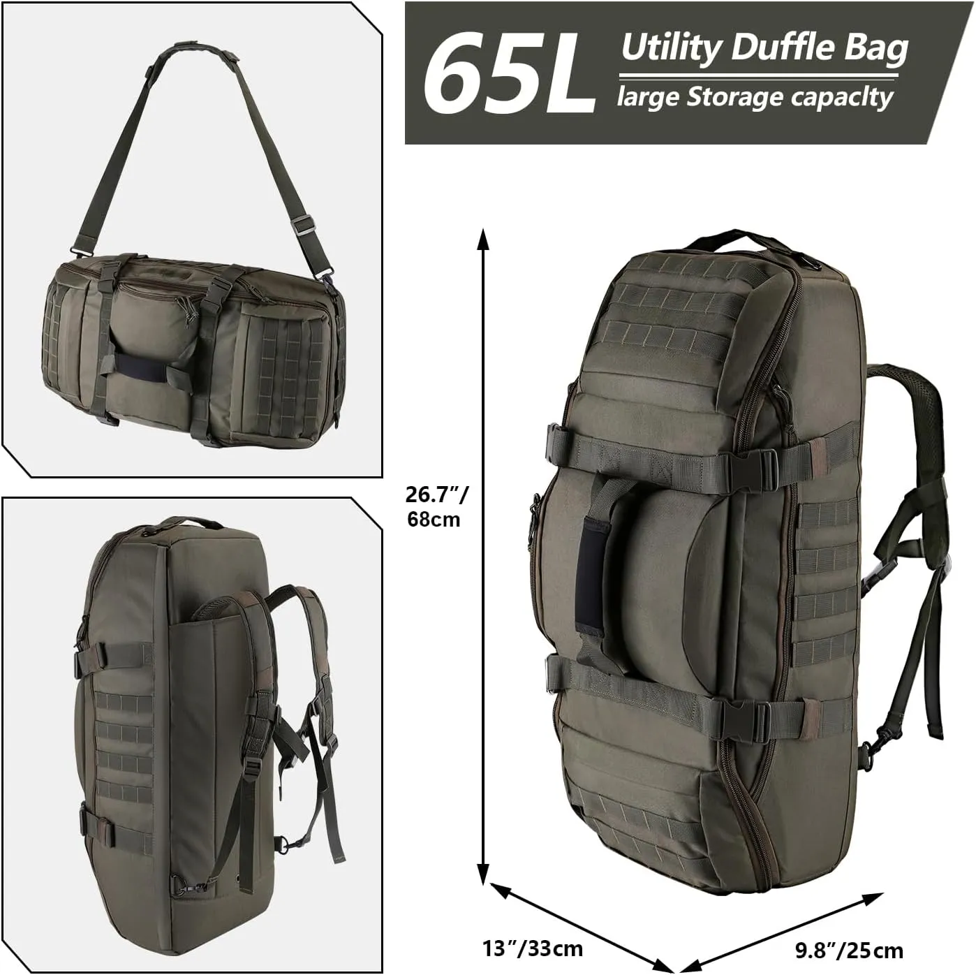 65L Large Duffle Bag, 3-in-1 Tactical Backpack MOLLE Pack for Sports, Gym, Outdoor, Olive Green