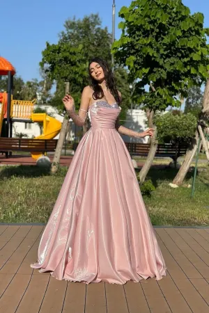 Charming Pink Strapless Beading A Line Long Prom Dress With Detachable Sleeves Y7645
