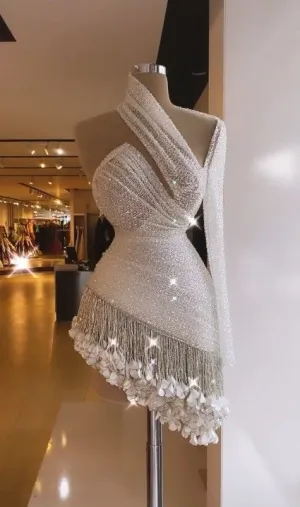 Chic White Cocktail One Shoulder Fringed Cocktail Dresses Above Knee Mini Homecoming Dress Y874