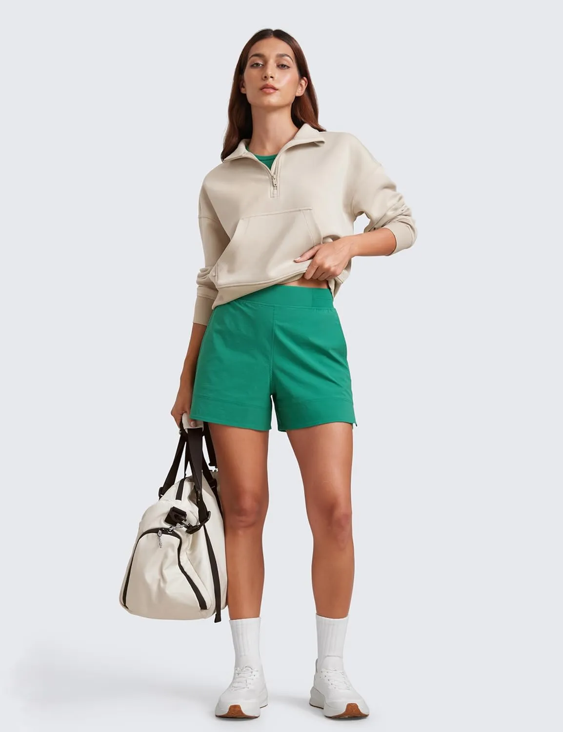 CRZ YOGA Stretch Womens Shorts Casual 4" Linerless High Waisted V Slit for Athletic Hiking Dress Golf with Pockets