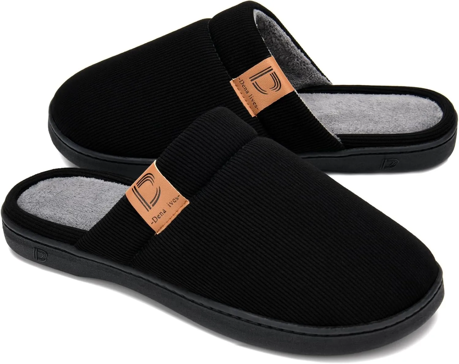 DL Men's Memory Foam Slippers with Fuzzy Plush Lining, Slip on House Slippers with Indoor Outdoor Anti-Skid Rubber Sole