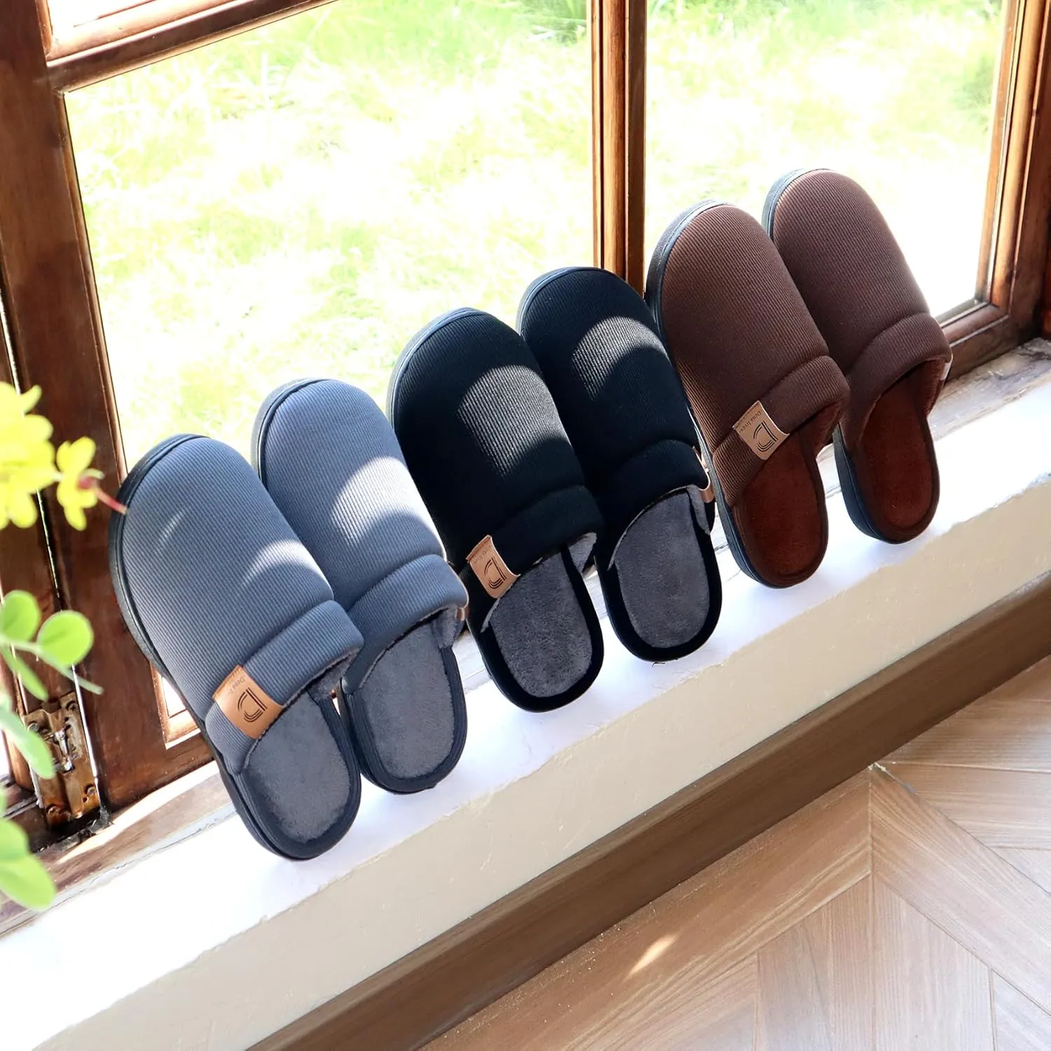 DL Men's Memory Foam Slippers with Fuzzy Plush Lining, Slip on House Slippers with Indoor Outdoor Anti-Skid Rubber Sole