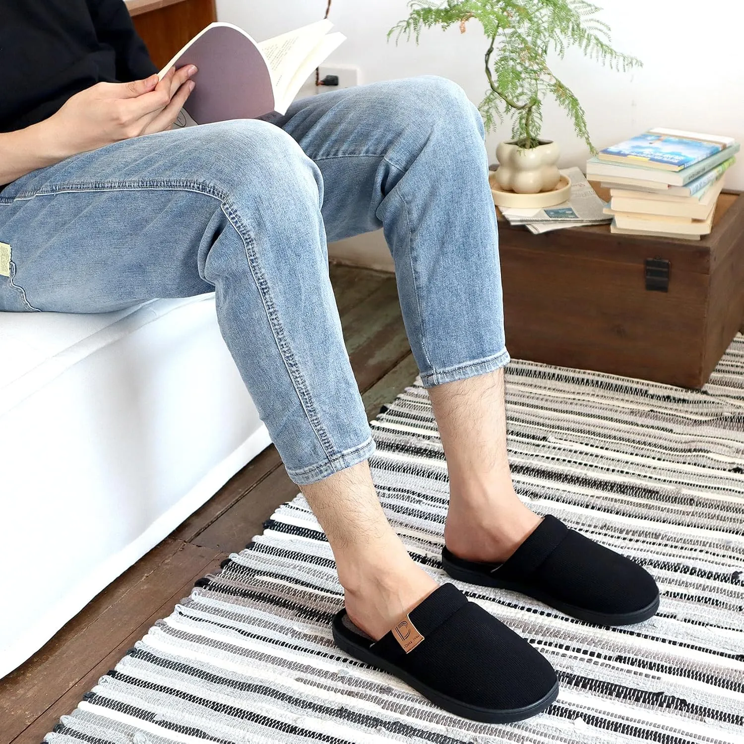 DL Men's Memory Foam Slippers with Fuzzy Plush Lining, Slip on House Slippers with Indoor Outdoor Anti-Skid Rubber Sole