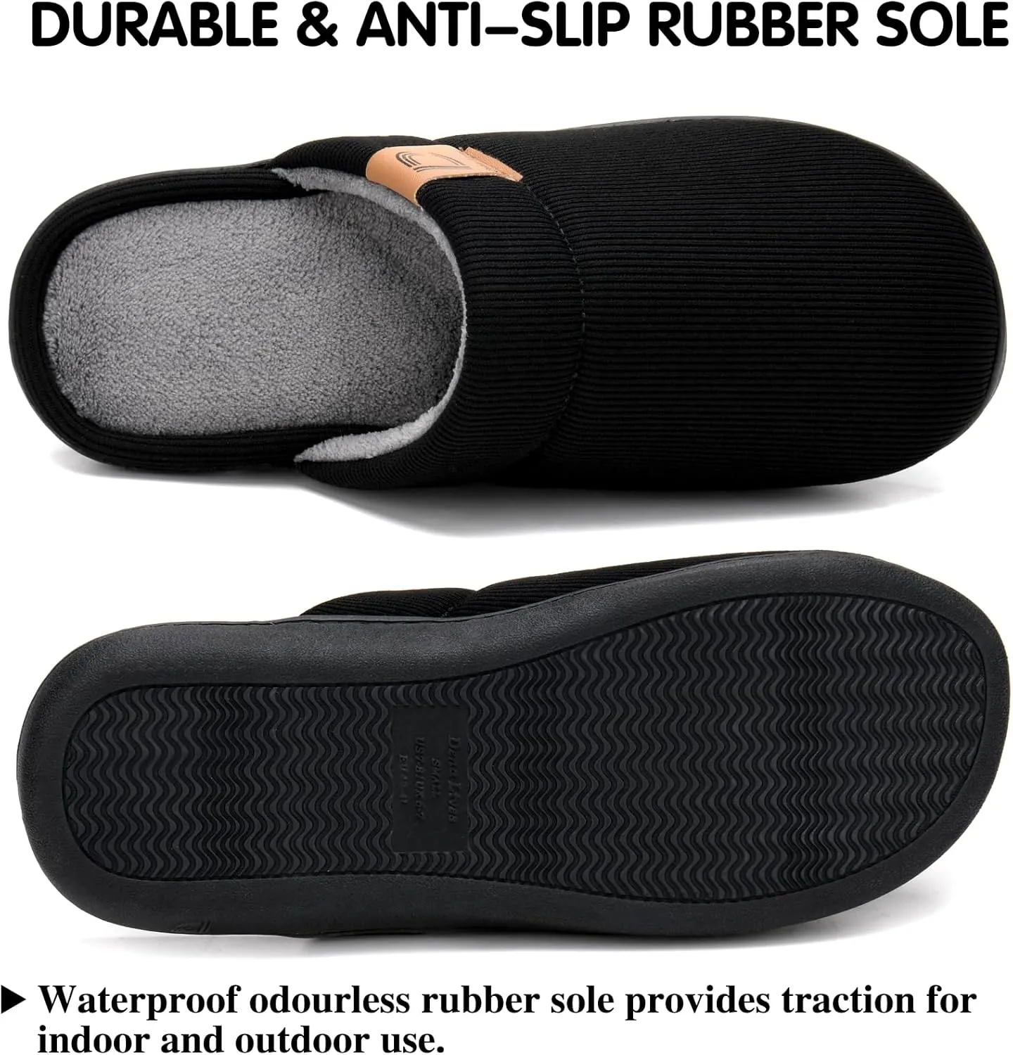 DL Men's Memory Foam Slippers with Fuzzy Plush Lining, Slip on House Slippers with Indoor Outdoor Anti-Skid Rubber Sole