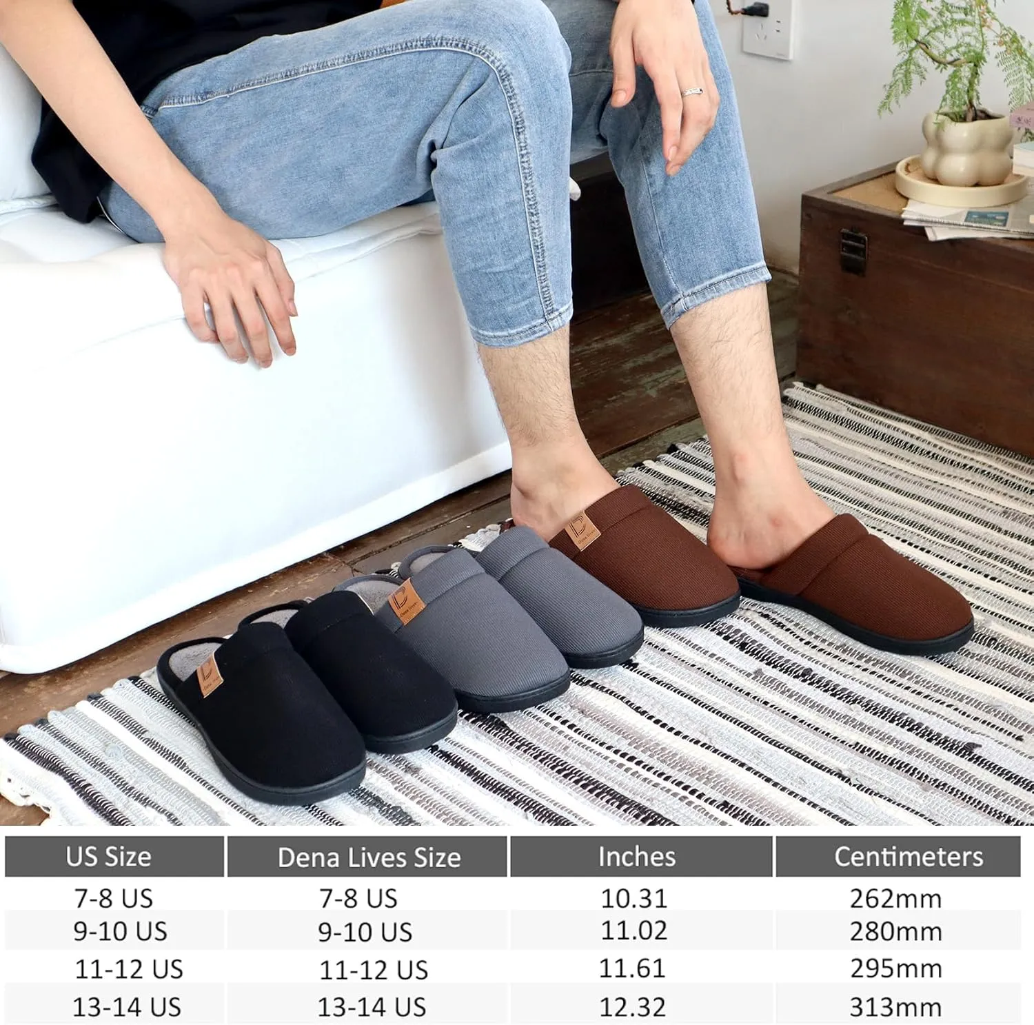 DL Men's Memory Foam Slippers with Fuzzy Plush Lining, Slip on House Slippers with Indoor Outdoor Anti-Skid Rubber Sole