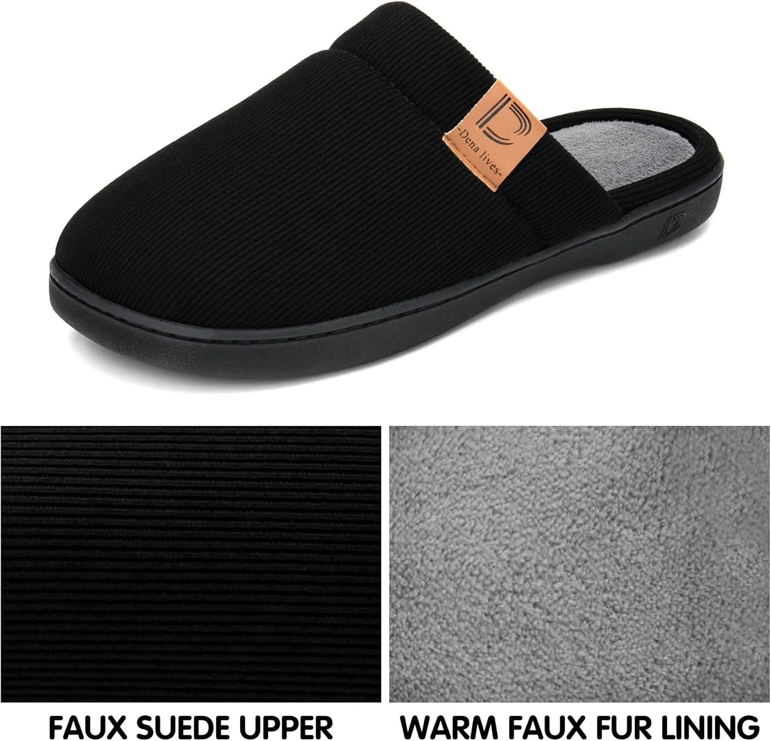 DL Men's Memory Foam Slippers with Fuzzy Plush Lining, Slip on House Slippers with Indoor Outdoor Anti-Skid Rubber Sole