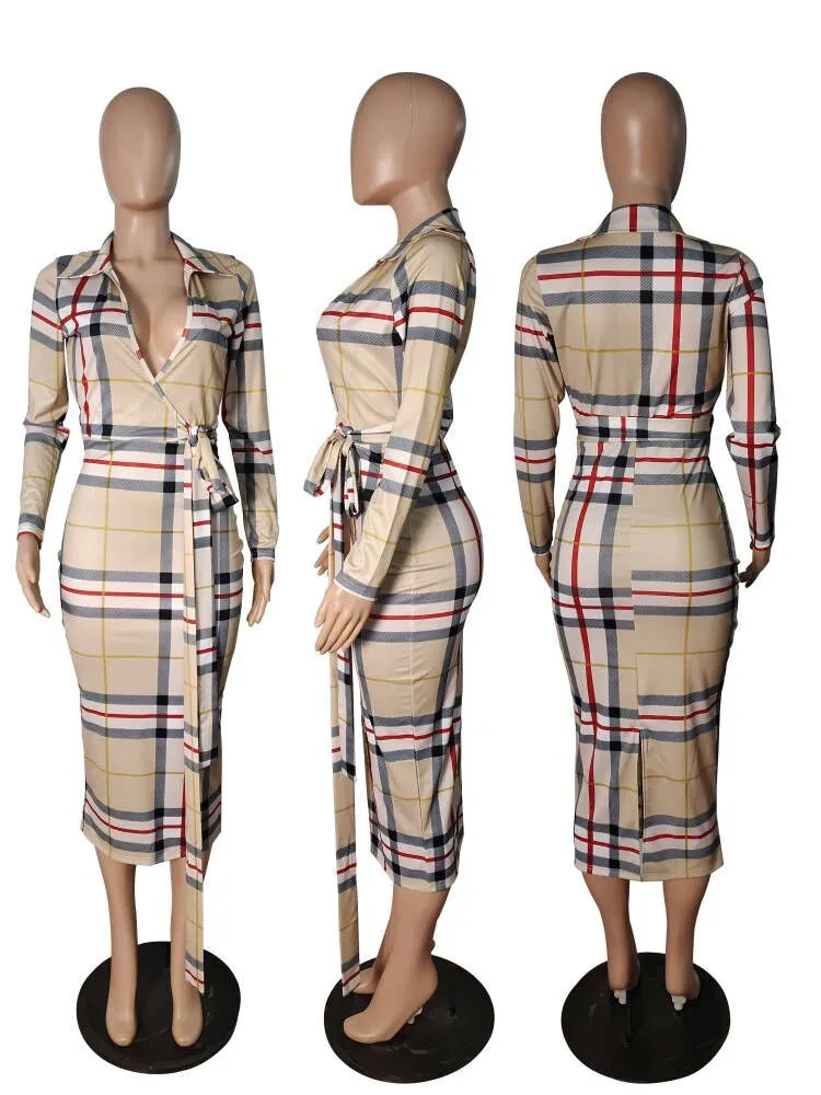 Fashion Plaid Print V Neck Dress AY1699