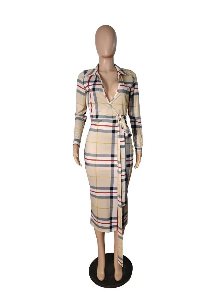 Fashion Plaid Print V Neck Dress AY1699
