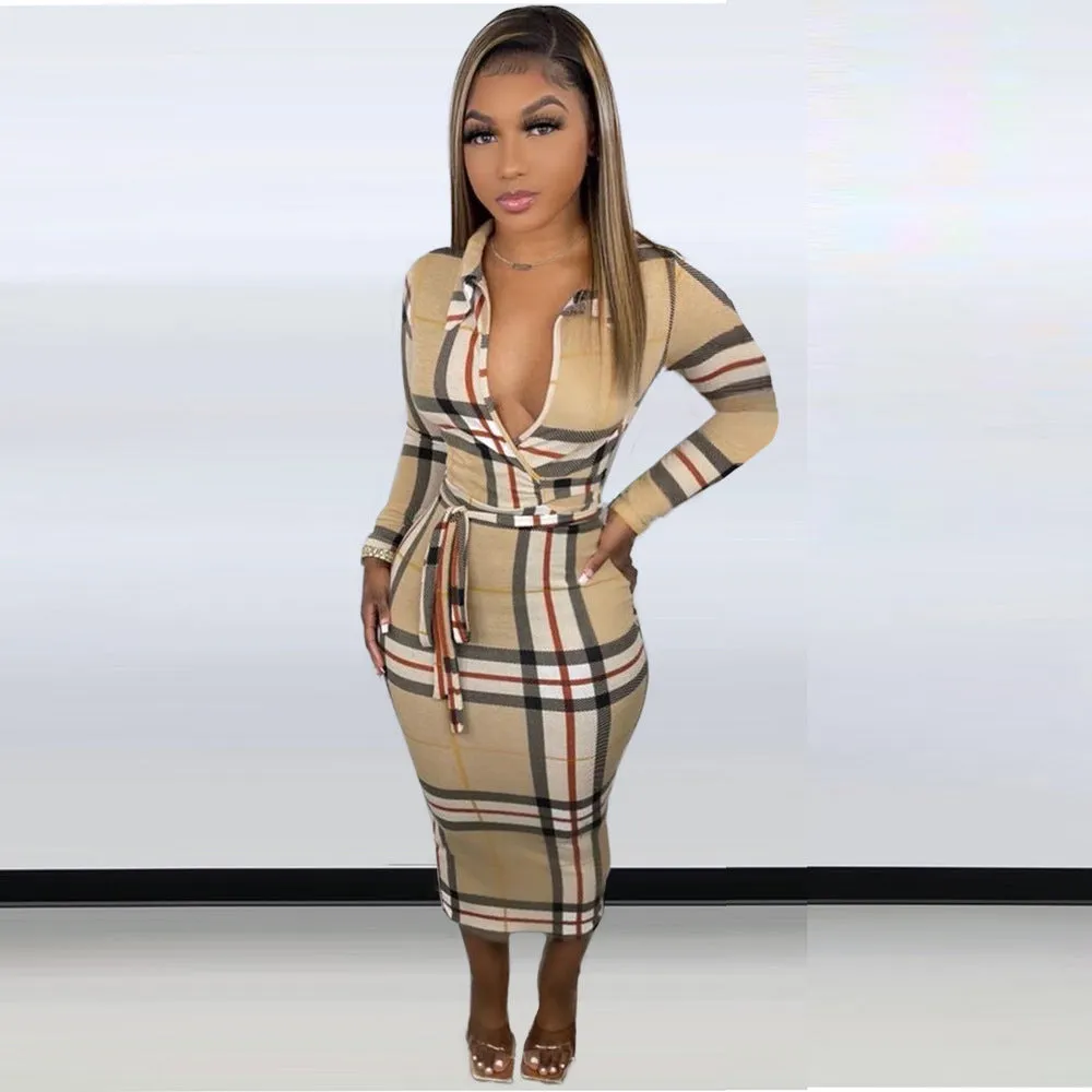 Fashion Plaid Print V Neck Dress AY1699