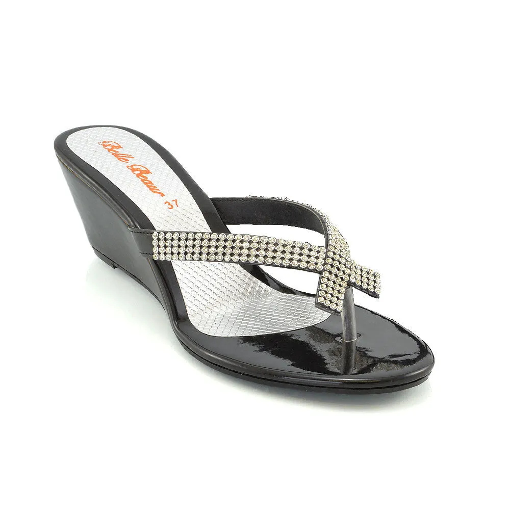 JULIETTA TOE POST SPARKLY DIAMANTE CROSS OVER STRAP SLIP ON WEDGE HEEL SANDALS IN BLACK
