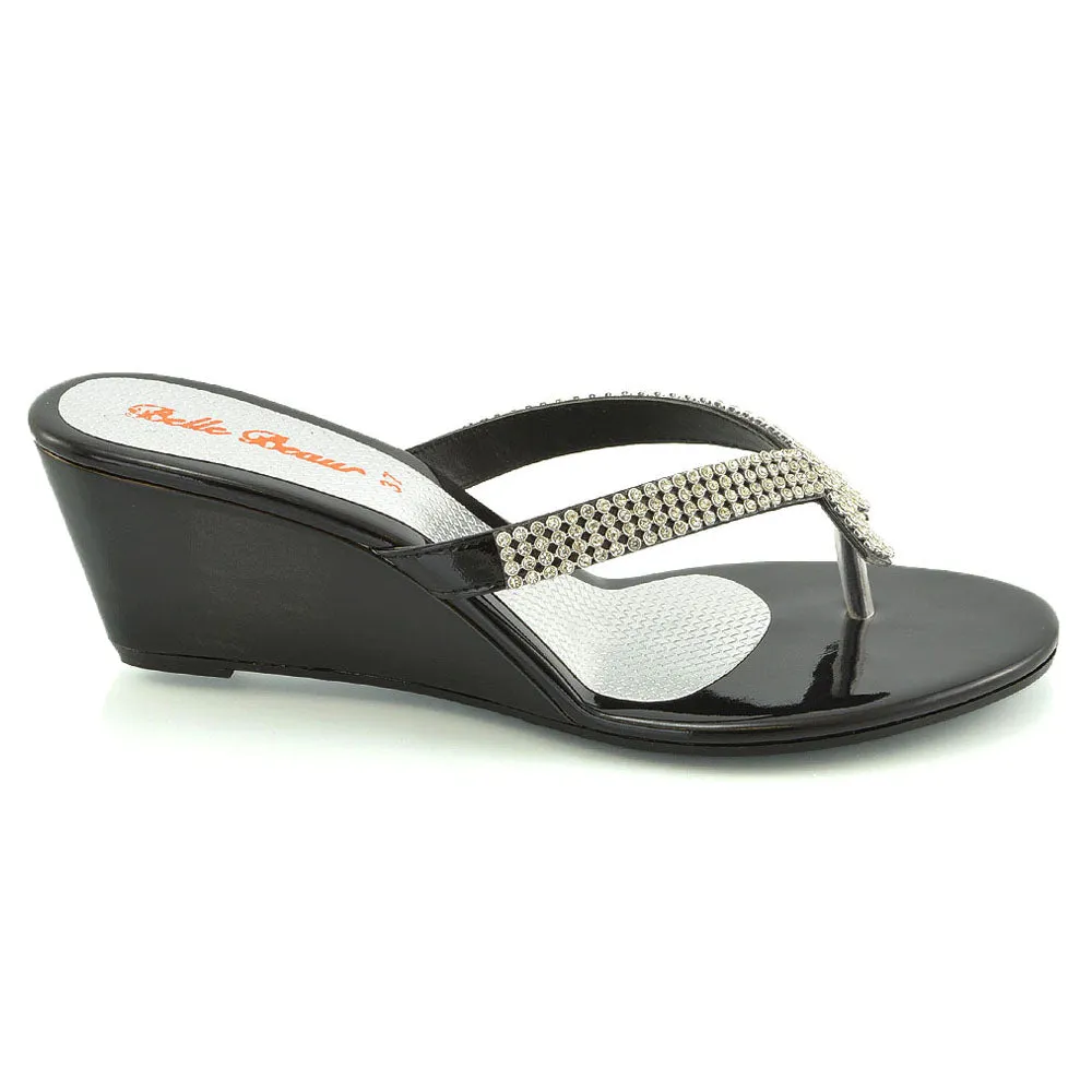 JULIETTA TOE POST SPARKLY DIAMANTE CROSS OVER STRAP SLIP ON WEDGE HEEL SANDALS IN BLACK