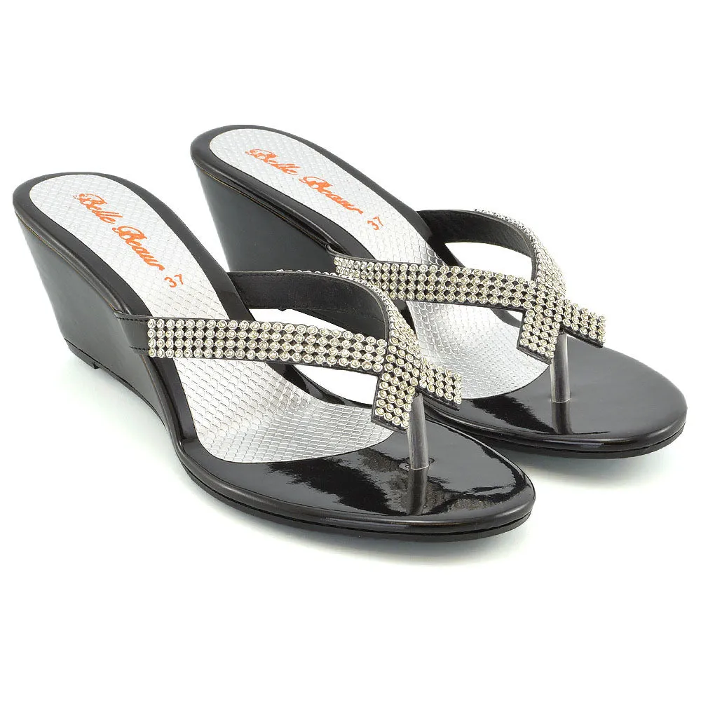 JULIETTA TOE POST SPARKLY DIAMANTE CROSS OVER STRAP SLIP ON WEDGE HEEL SANDALS IN BLACK