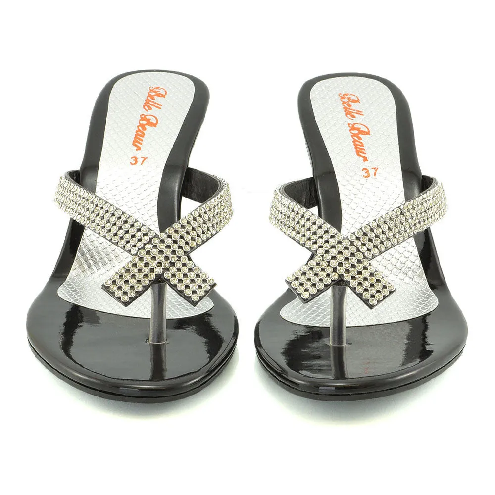 JULIETTA TOE POST SPARKLY DIAMANTE CROSS OVER STRAP SLIP ON WEDGE HEEL SANDALS IN BLACK