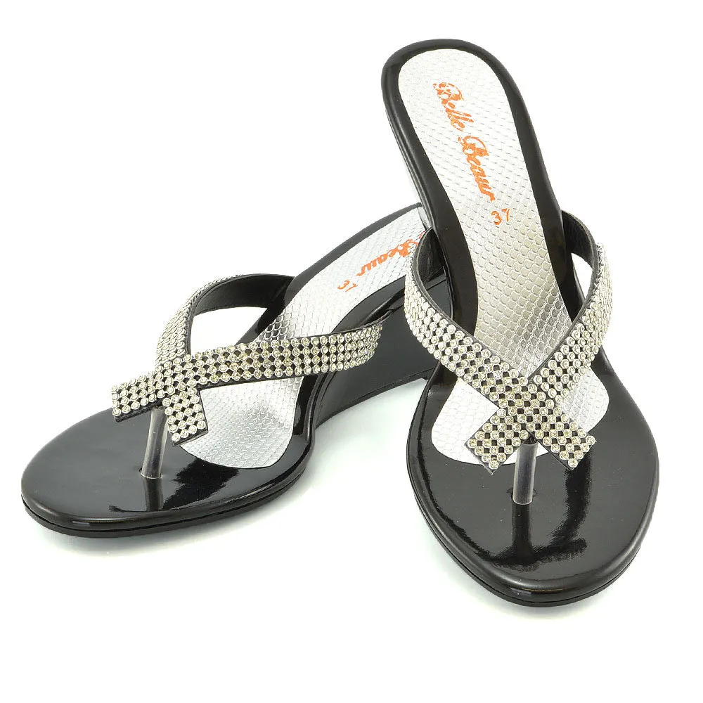 JULIETTA TOE POST SPARKLY DIAMANTE CROSS OVER STRAP SLIP ON WEDGE HEEL SANDALS IN BLACK