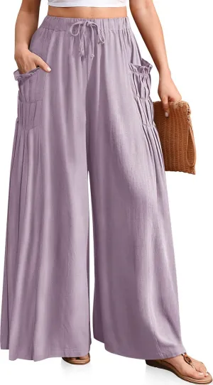 TARSE Women Linen Palazzo Pants Summer Wide Leg Boho Drawstring Casual Lounge Pant Beach Travel Vacation Outfits