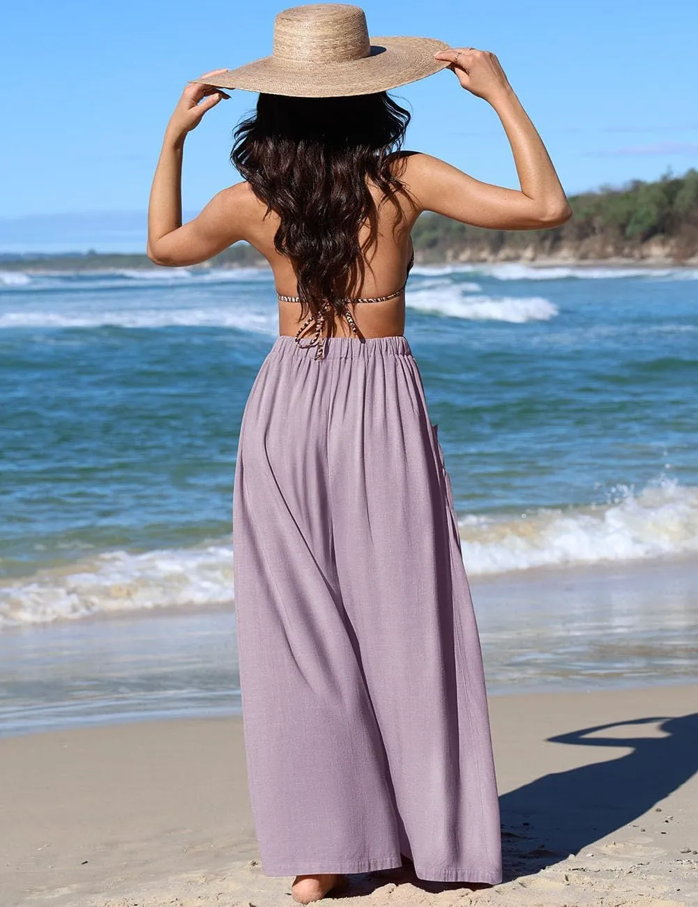 TARSE Women Linen Palazzo Pants Summer Wide Leg Boho Drawstring Casual Lounge Pant Beach Travel Vacation Outfits