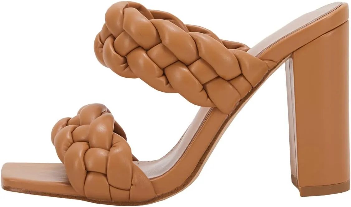 VETASTE Women's Braided Heeled Sandals Chunky Heels Mules Square Open Toe High Block Heel Sandals