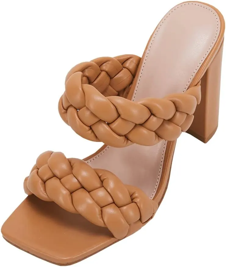 VETASTE Women's Braided Heeled Sandals Chunky Heels Mules Square Open Toe High Block Heel Sandals
