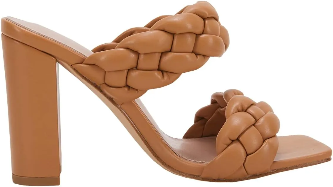 VETASTE Women's Braided Heeled Sandals Chunky Heels Mules Square Open Toe High Block Heel Sandals