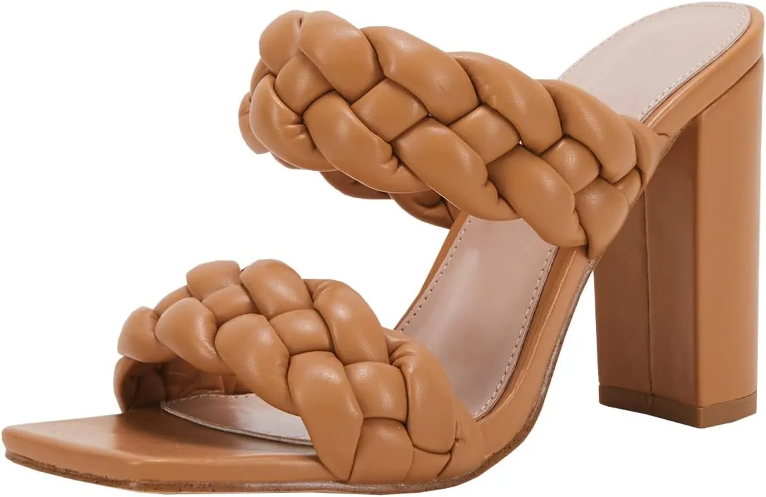 VETASTE Women's Braided Heeled Sandals Chunky Heels Mules Square Open Toe High Block Heel Sandals