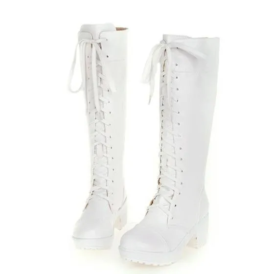 Women retro front-lace chunky block heel knee high riding boots