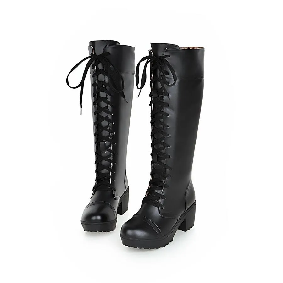 Women retro front-lace chunky block heel knee high riding boots
