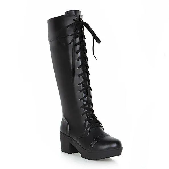Women retro front-lace chunky block heel knee high riding boots