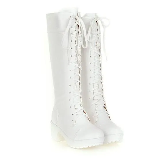 Women retro front-lace chunky block heel knee high riding boots