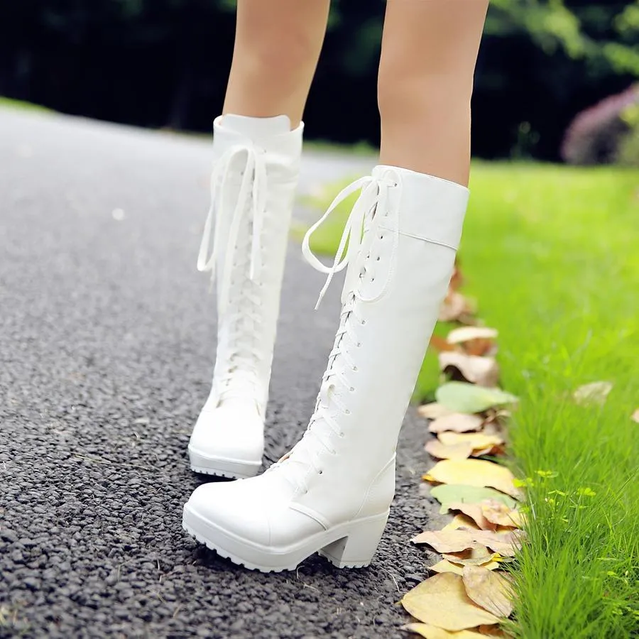 Women retro front-lace chunky block heel knee high riding boots