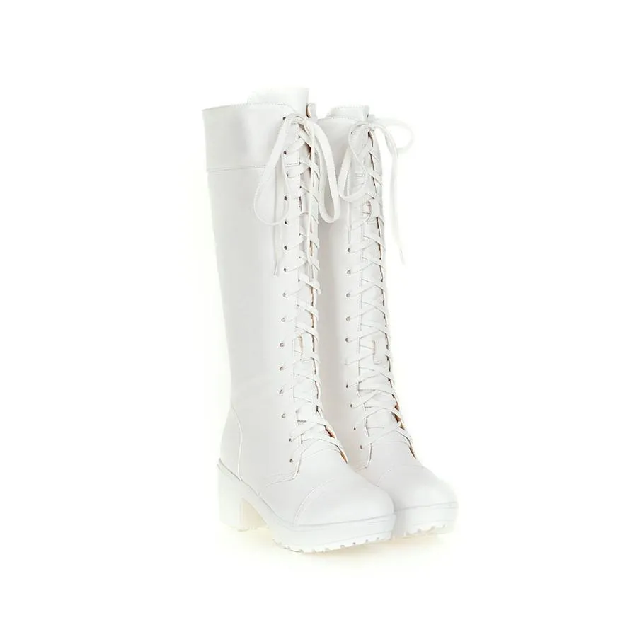 Women retro front-lace chunky block heel knee high riding boots