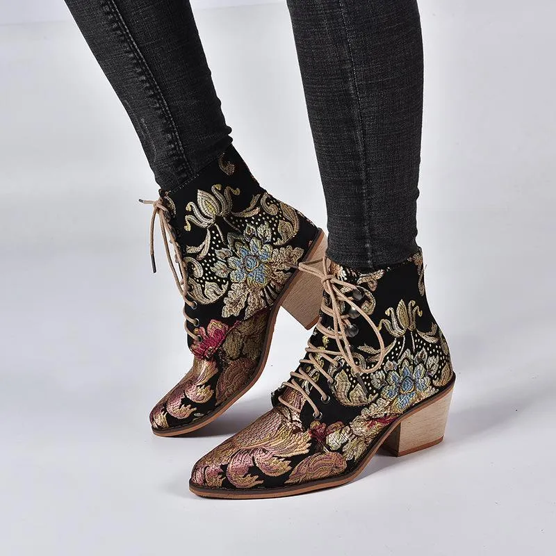 Women Winter Embroidered Pointed Toe Ankle Lace Up Boots