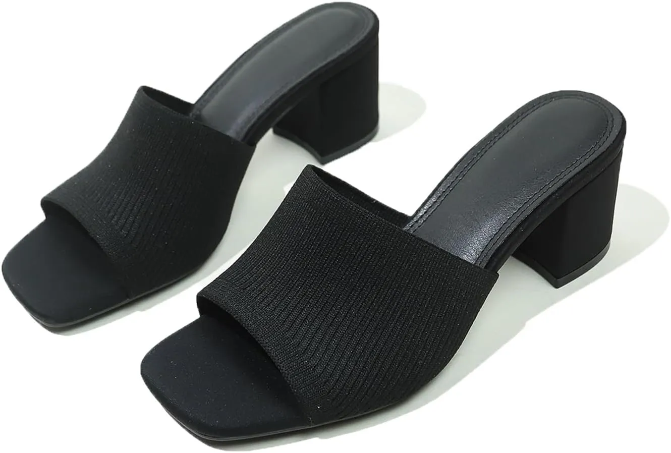 Women's Heeled Sandals Square Open Toe comfortable Heeled Mules Chunky Block Low Heel On Slides