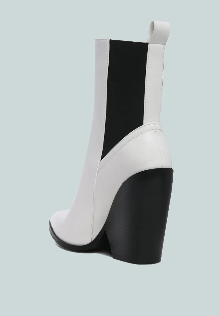 yadira duotone color block pointed toe high ankle chelsea boots