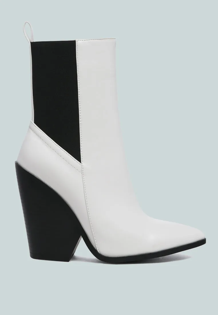 yadira duotone color block pointed toe high ankle chelsea boots
